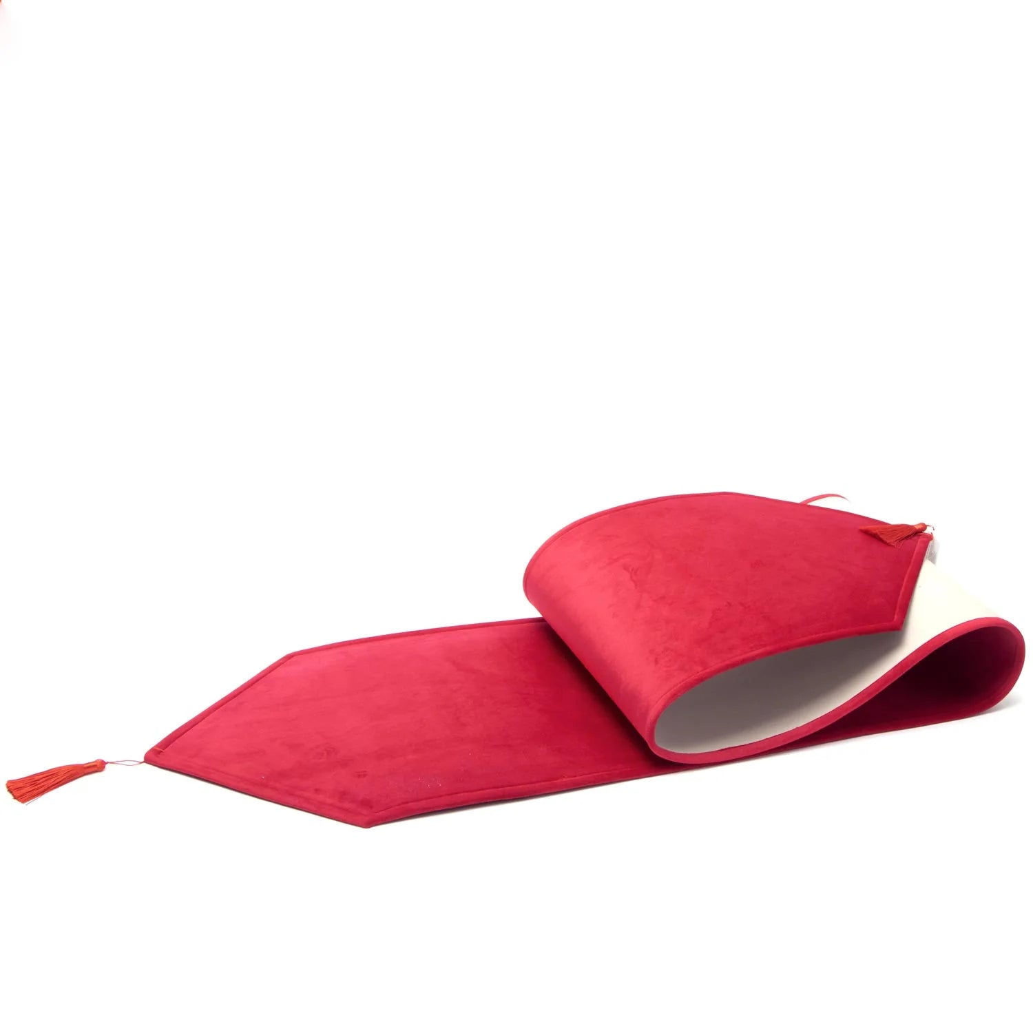 Runner tavola in velluto rosso con nappa