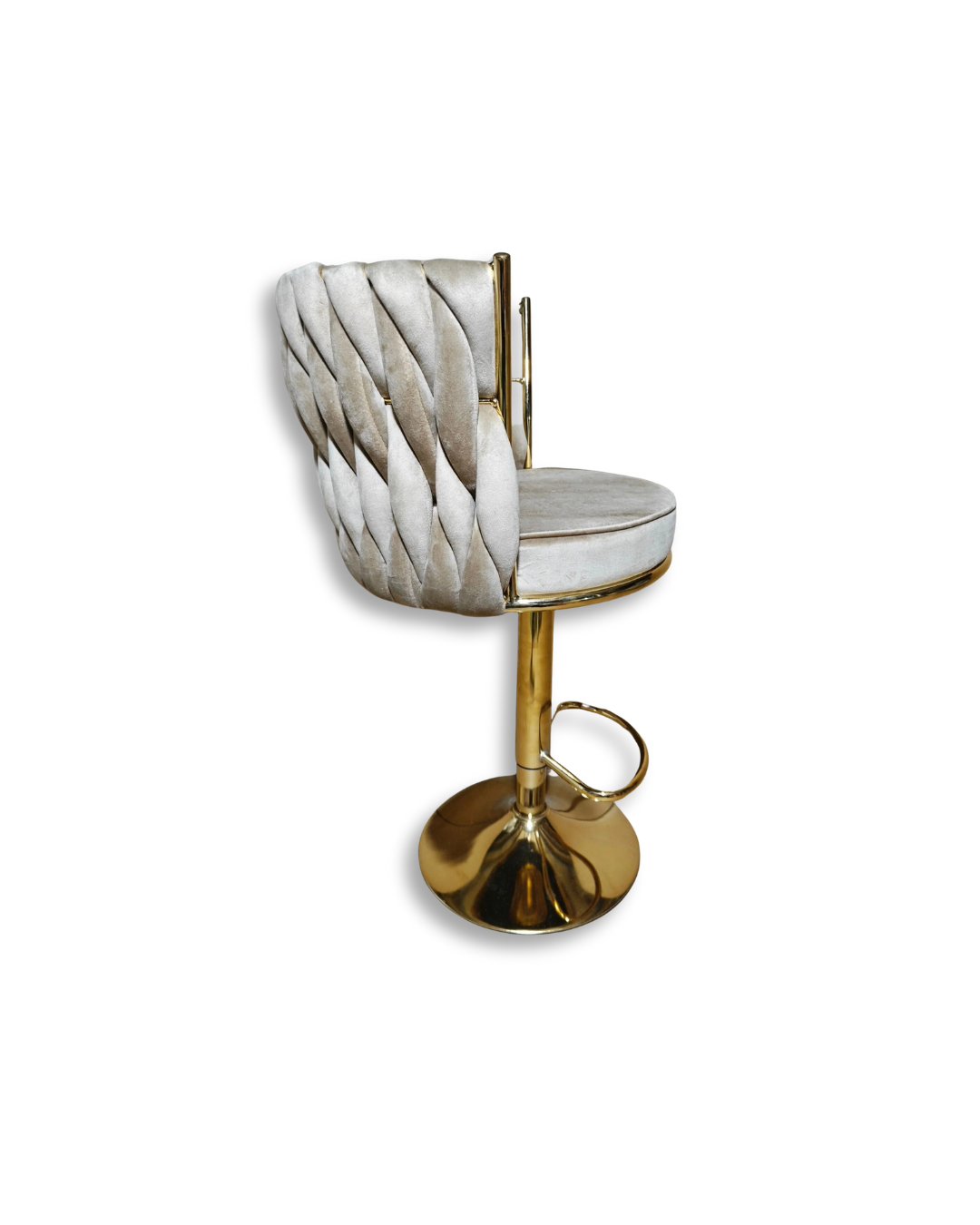 Set sgabelli a intreccio in velluto beige con struttura in oro