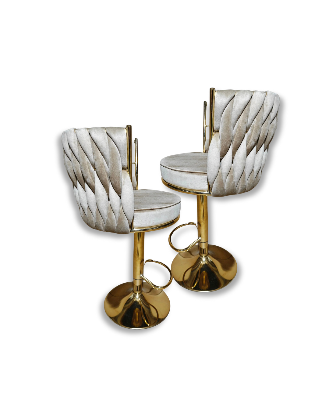 Set sgabelli a intreccio in velluto beige con struttura in oro