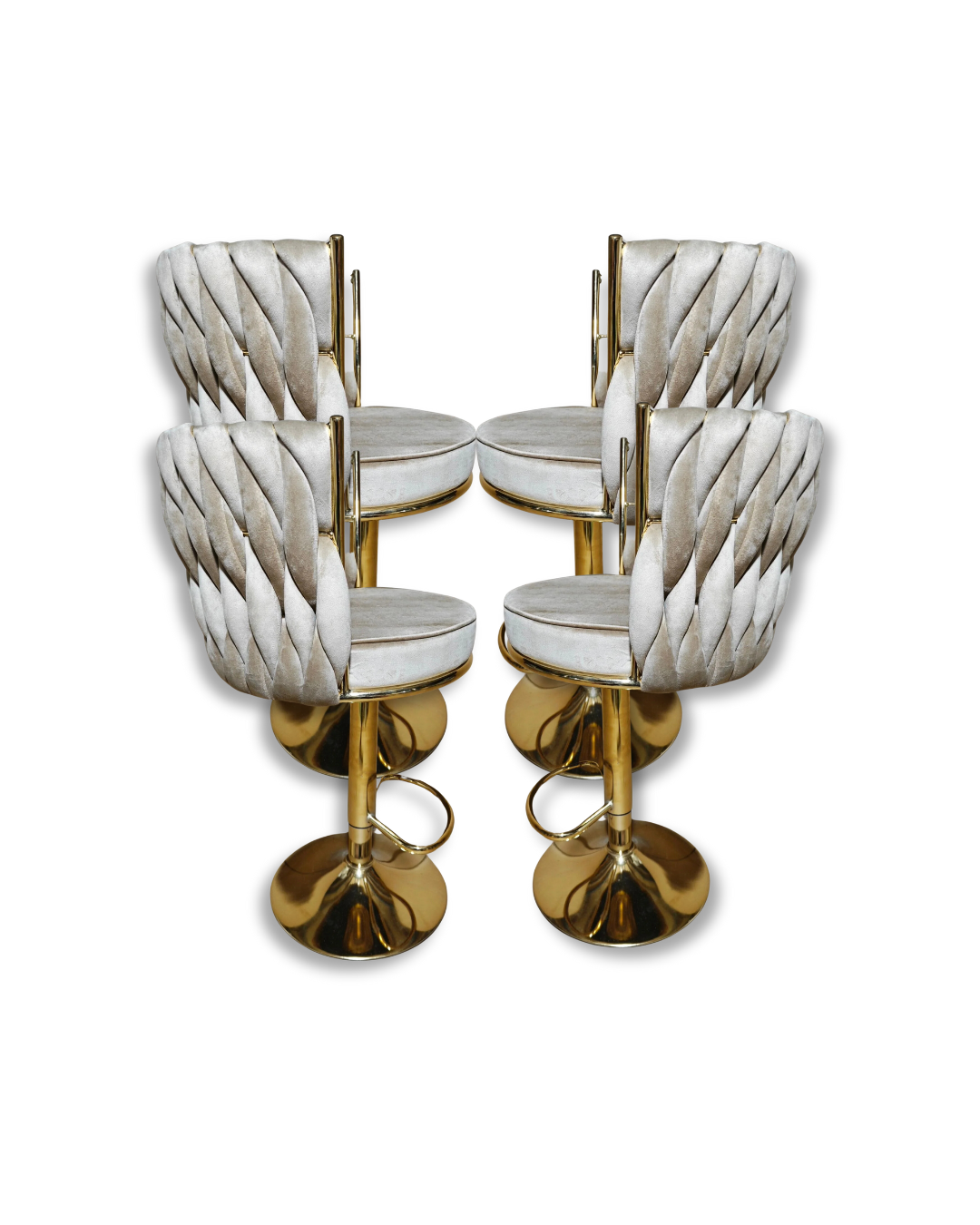 Set sgabelli a intreccio in velluto beige con struttura in oro