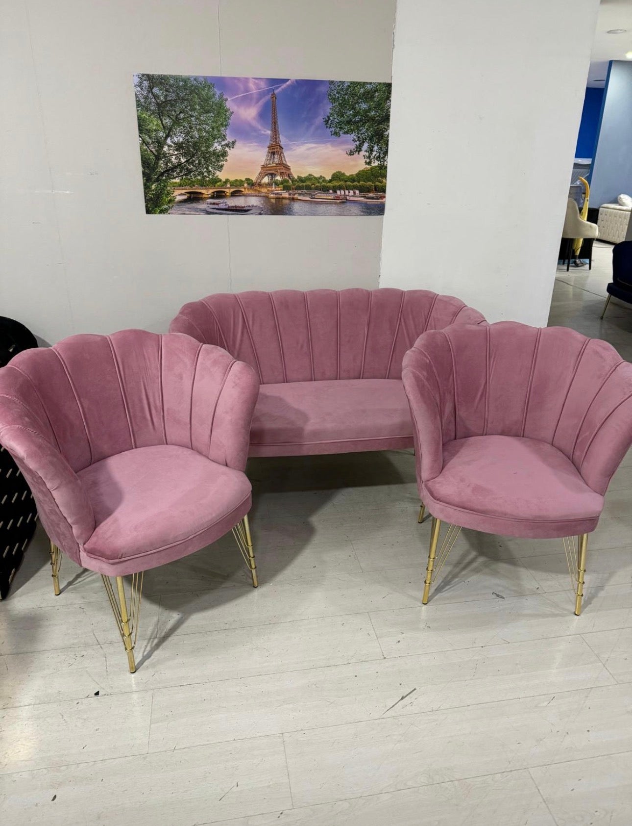 Set petalo in velluto 2 poltrone + divano rosa elegante