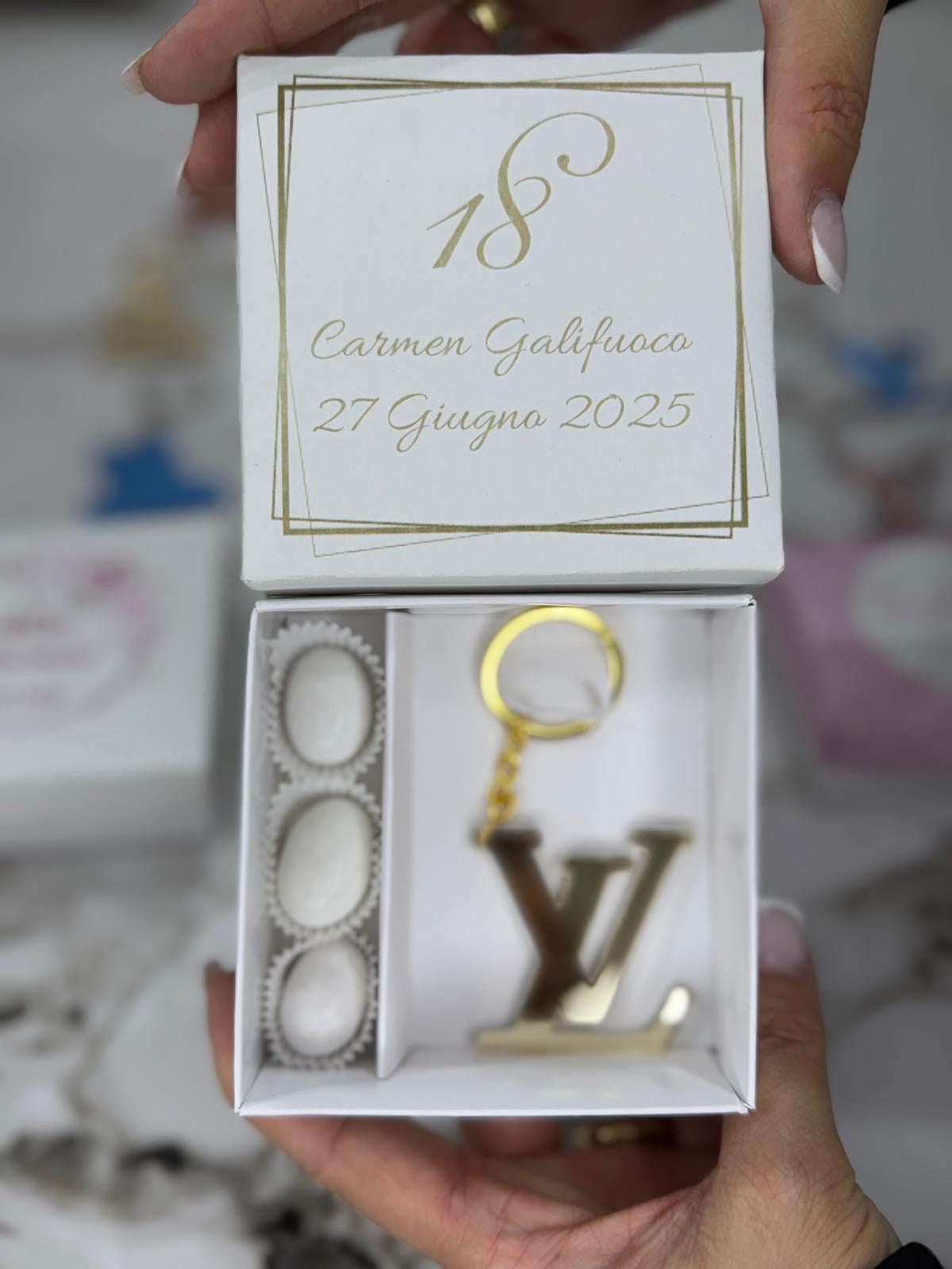 Confezione bomboniere con portachiavi