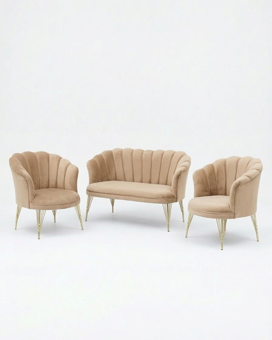 Set petalo in velluto 2 poltrone + divano beige elegante