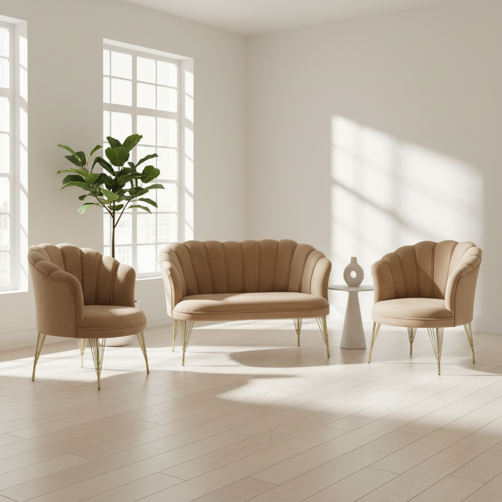 Set petalo in velluto 2 poltrone + divano beige elegante