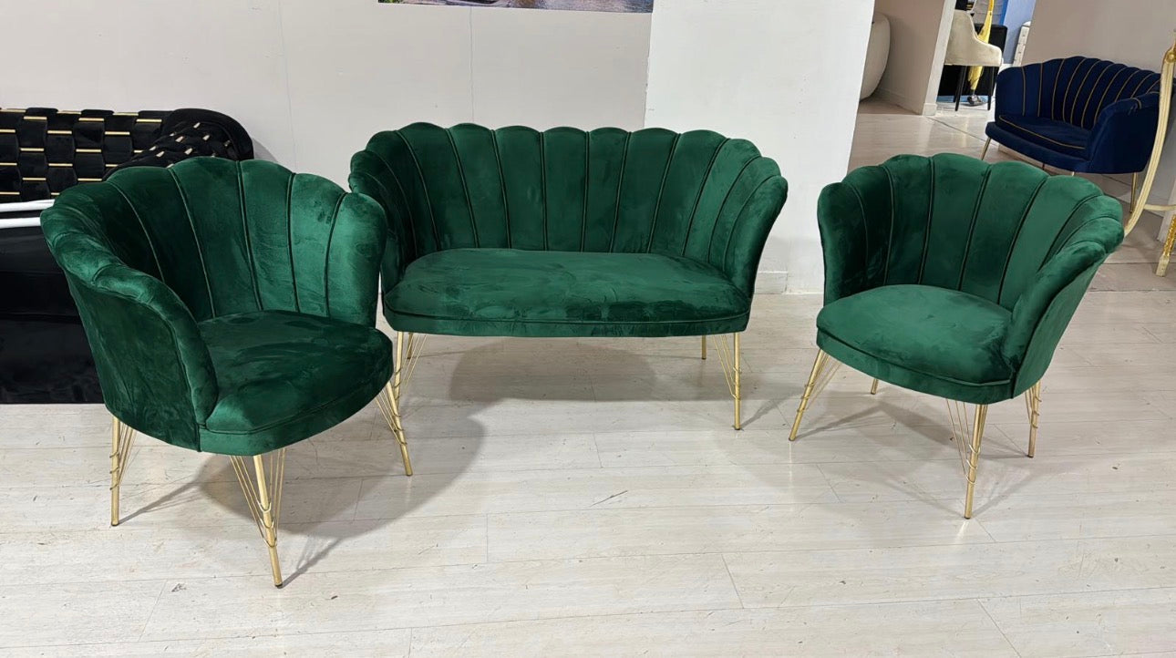 Set petalo in velluto 2 poltrone + divano verde elegante