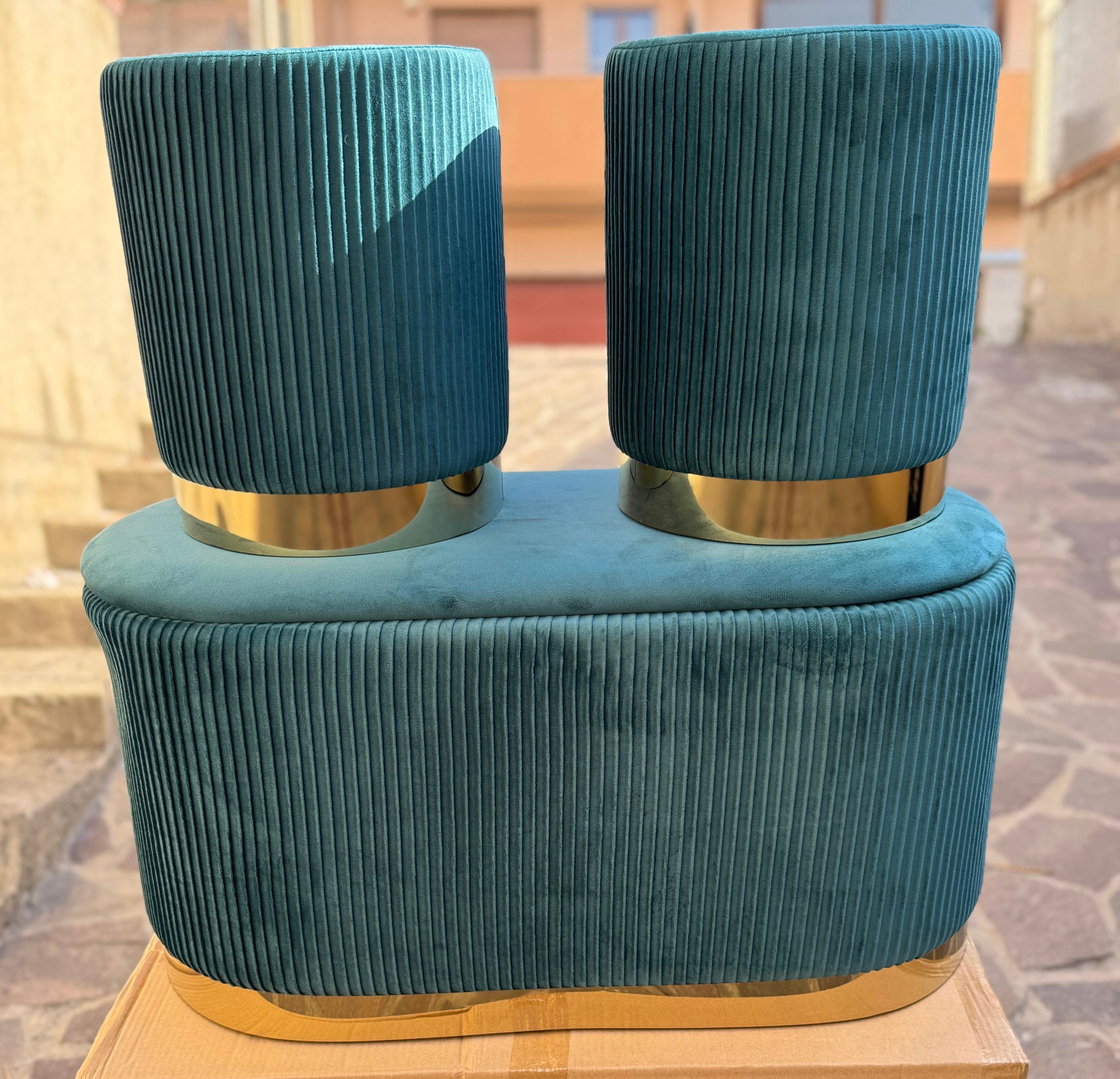 Set 3 pezzi panca con due Pouf in velluto petrolio