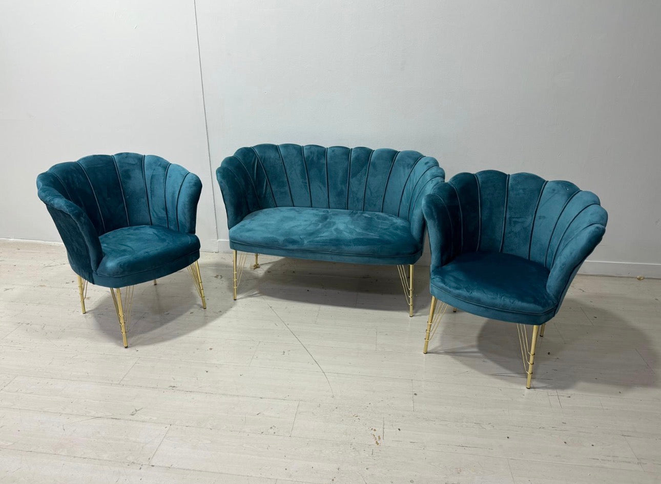 Set petalo in velluto 2 poltrone + divano petrolio elegante