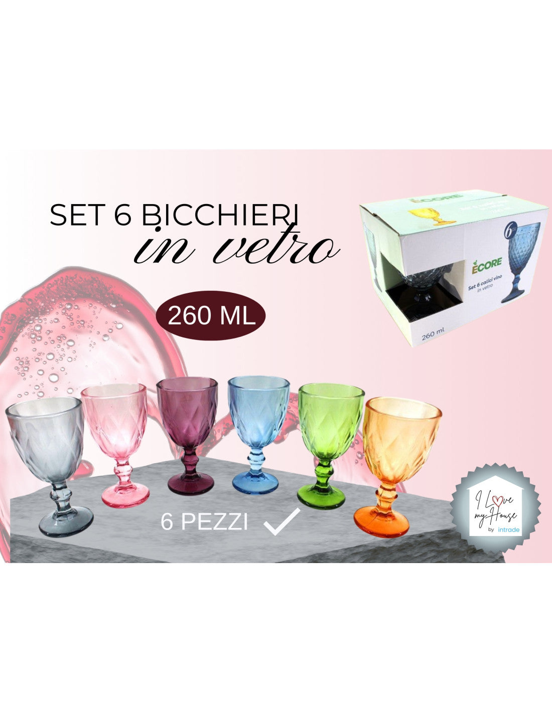 Calici in vetro set da 6 pezzi colorati