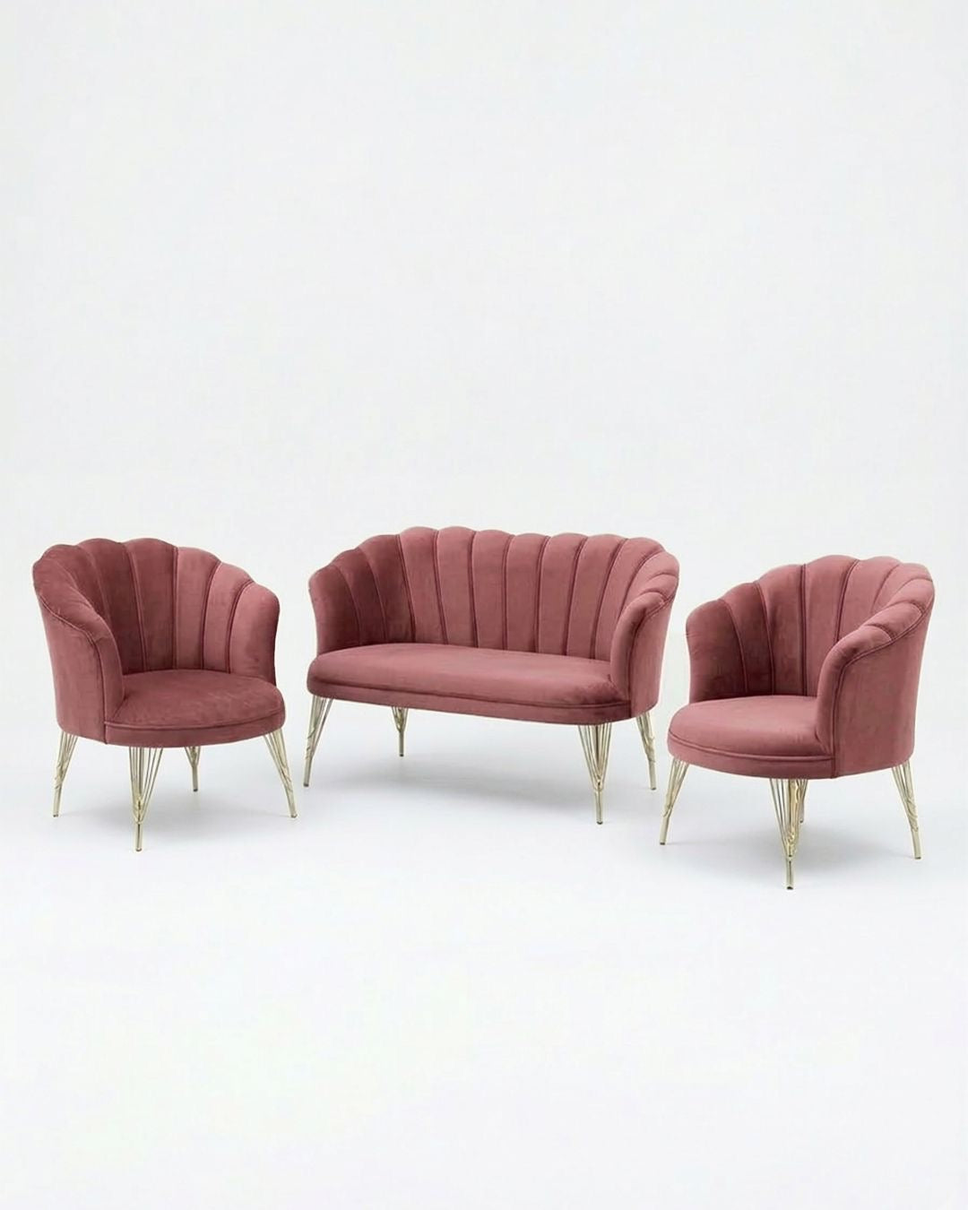 Set petalo in velluto 2 poltrone + divano rosa elegante