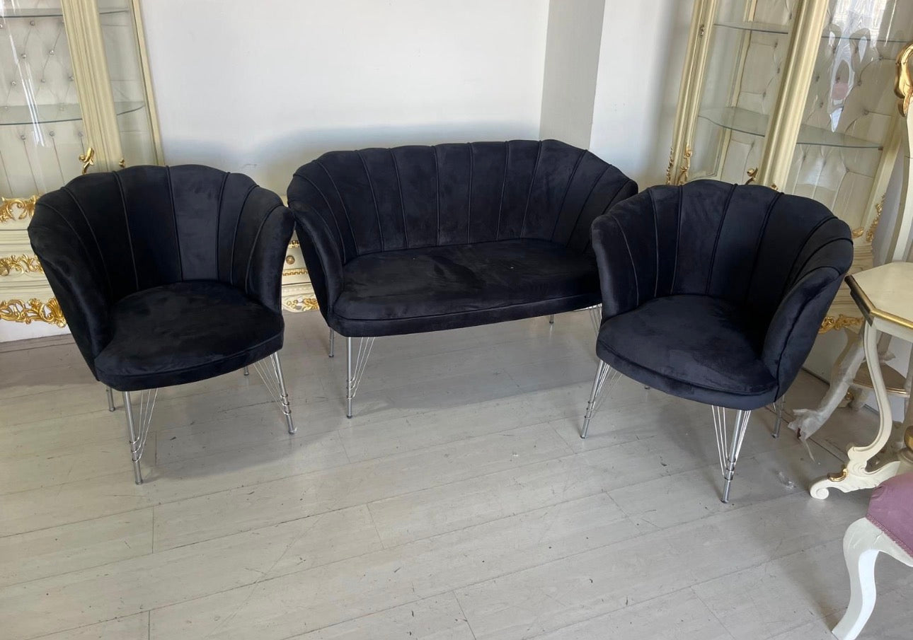 Set petalo in velluto 2 poltrone + divano nero elegante