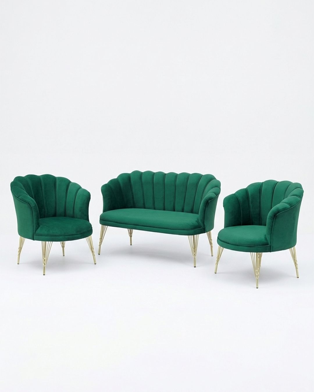 Set petalo in velluto 2 poltrone + divano verde elegante