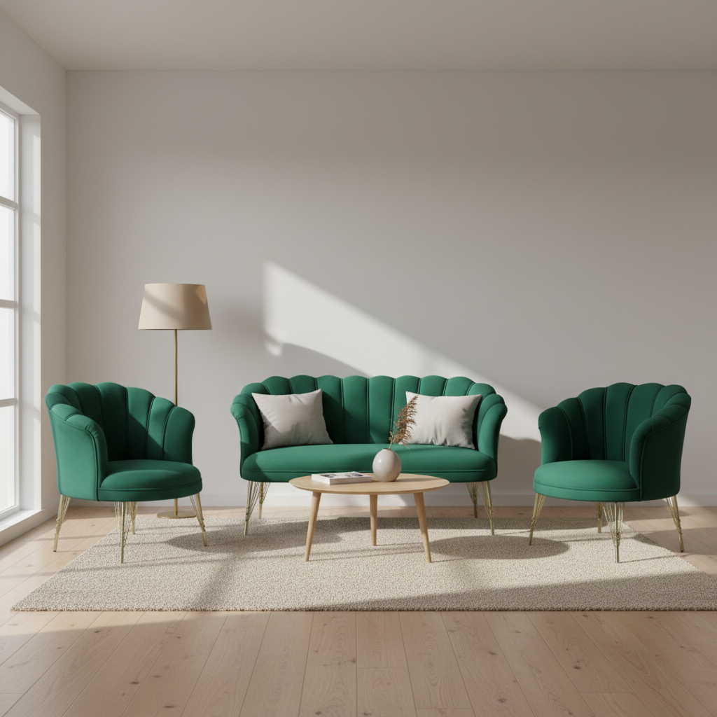 Set petalo in velluto 2 poltrone + divano verde elegante