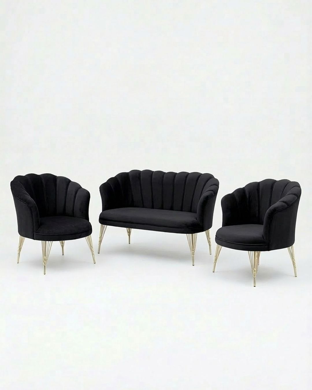 Set petalo in velluto 2 poltrone + divano nero elegante