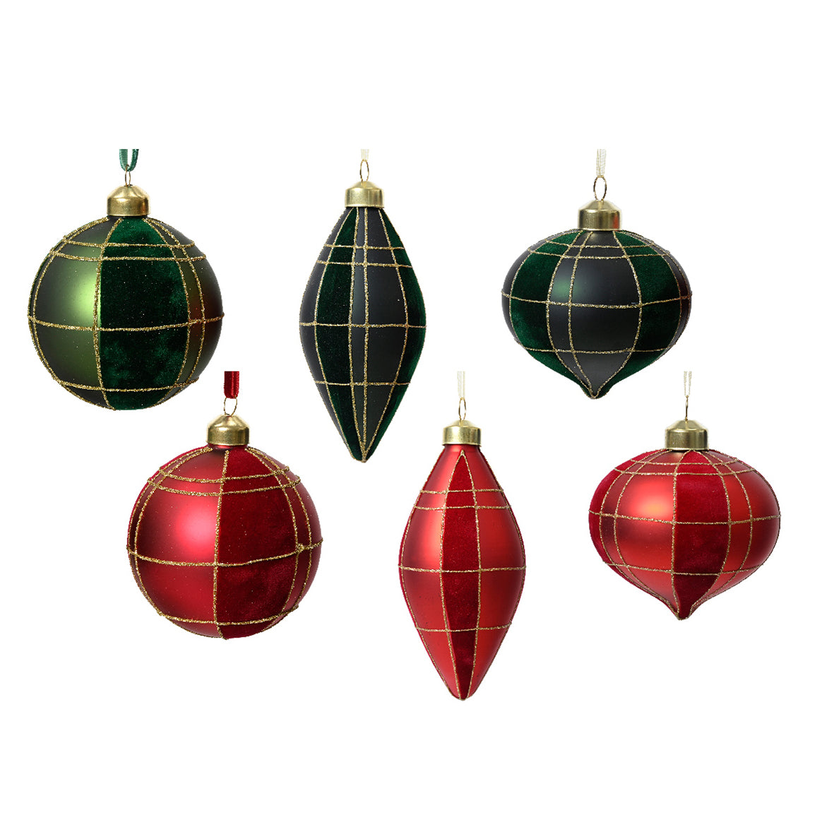 Set di 12 sfere di natale in vetro velluto rosso e verde 8 cm