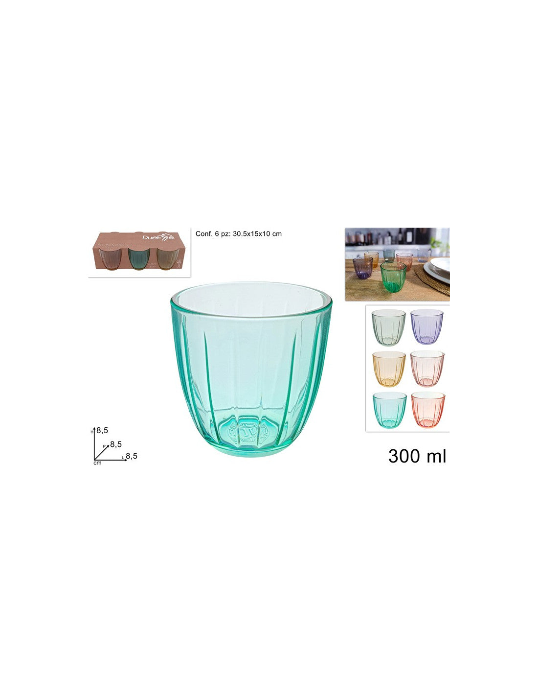 Bicchieri in vetro set 6 pezzi colorati 300ml