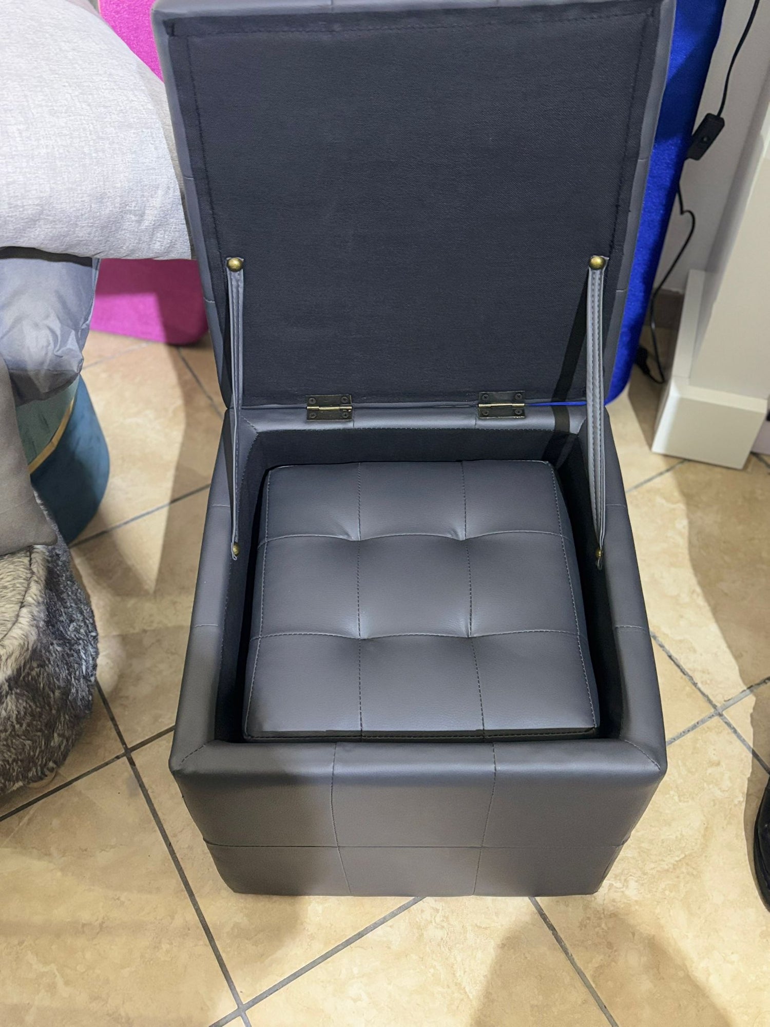 set di 2 pouf contenitore quadrato in pelle grigio scuro