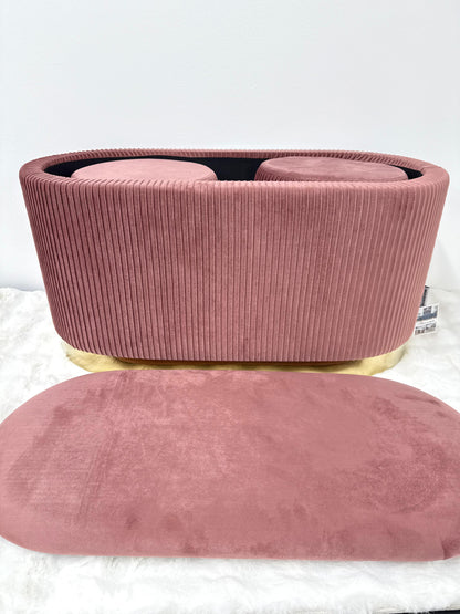 Set 3 pezzi panca con due Pouf in velluto rosa antico