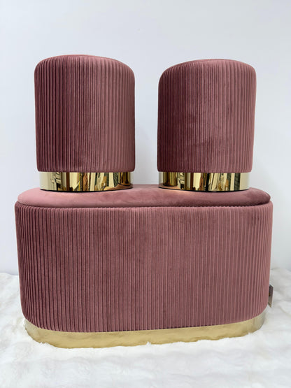 Set 3 pezzi panca con due Pouf in velluto rosa antico