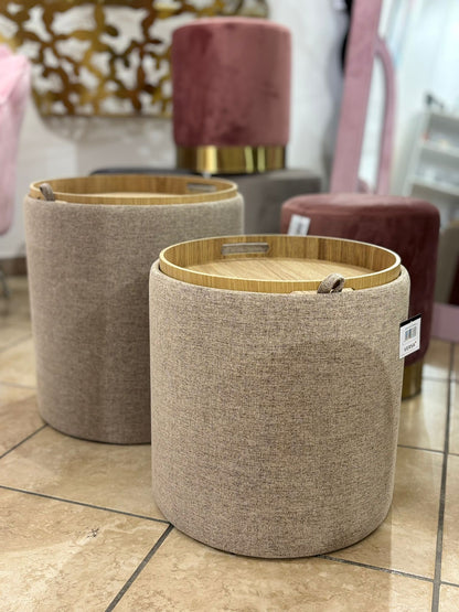Set 2 pouf beige con Bandeja