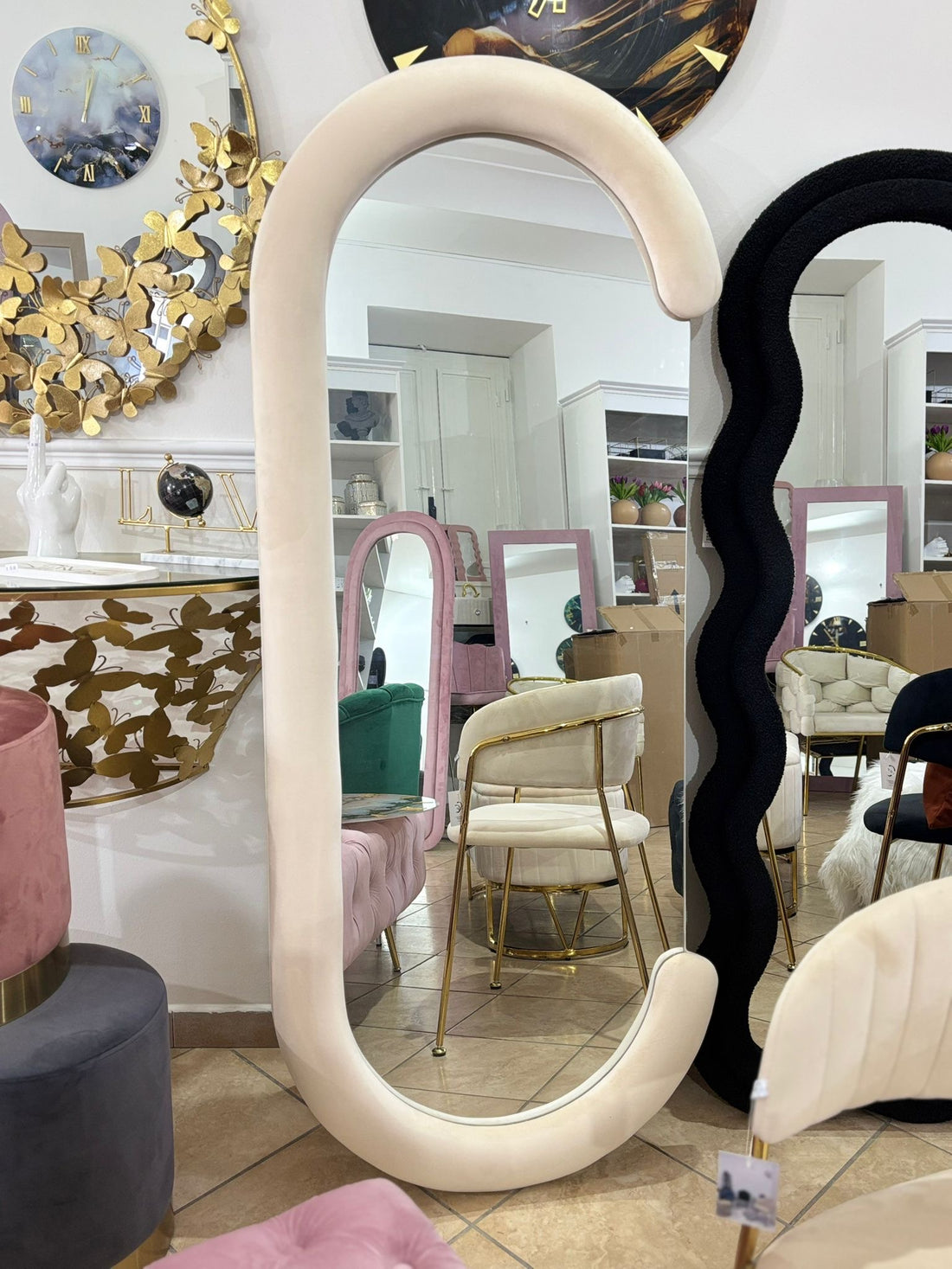 Specchio da pavimento in velluto beige 70x170 cm