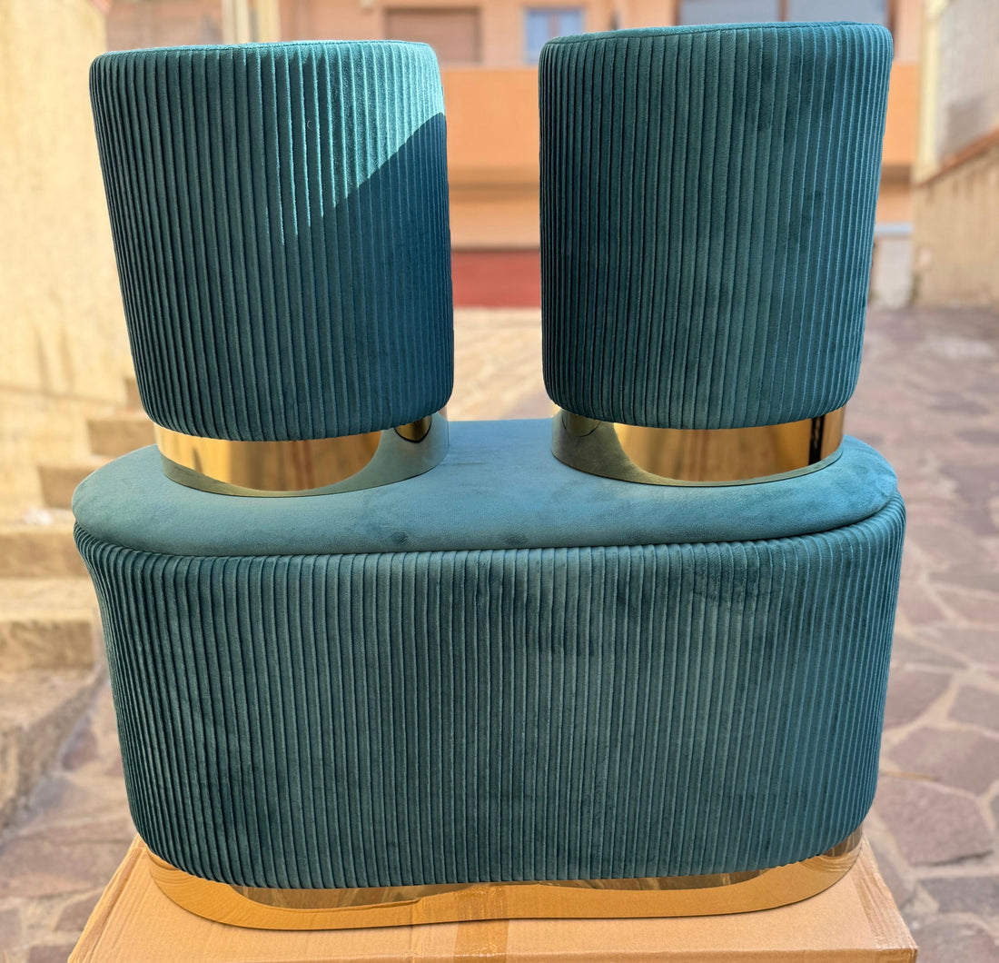 Set 3 pezzi panca con due Pouf in velluto petrolio