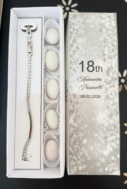 Bomboniera elegante con bracciale tennis scatola e confetti personalizzabile