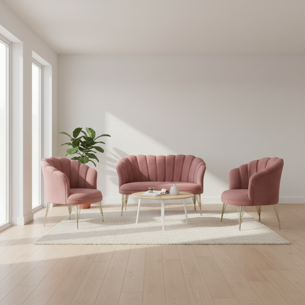 Set petalo in velluto 2 poltrone + divano rosa elegante