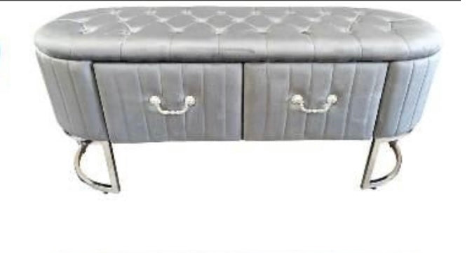 Panca in velluto grigio chiaro capitonneè con due cassetti 116x48h