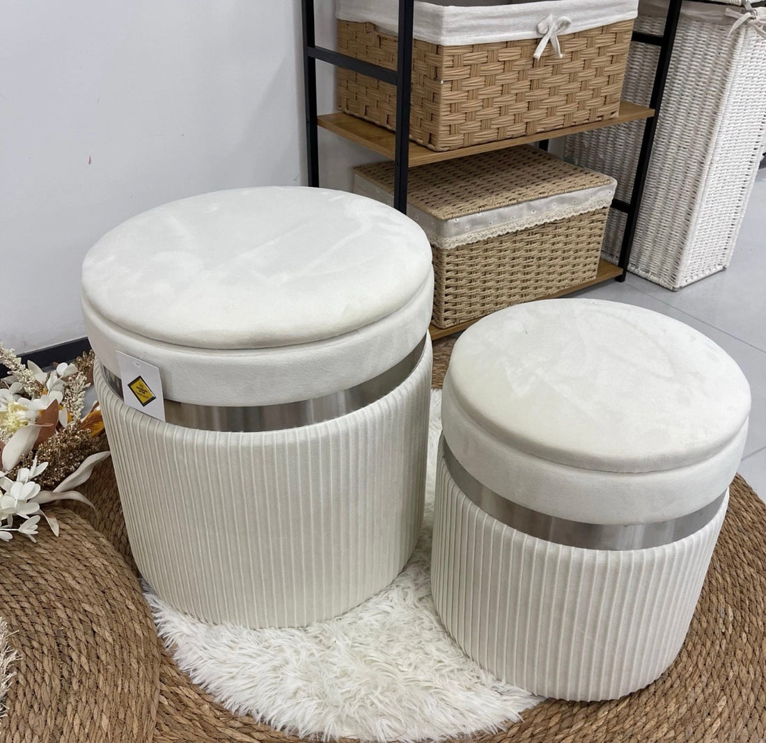 Set due Pouf grande e piccolo in velluto panna linea argento