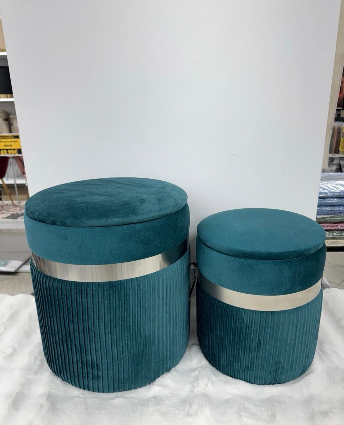 Set due Pouf grande e piccolo in velluto petrolio linea argento