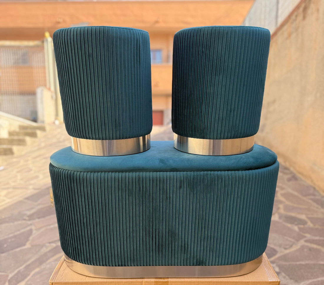 Set 3 pezzi panca con due Pouf in velluto petrolio