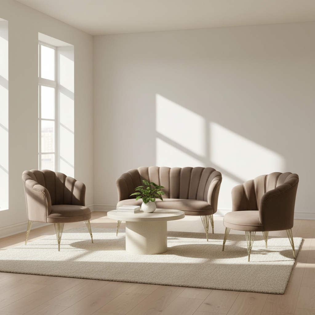 Set petalo in velluto 2 poltrone + divano tortora elegante