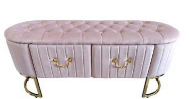 Panca in velluto rosa chiaro capitonneè con due cassetti 116x48h