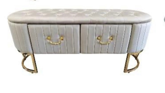 Panca in velluto beige capitonneè con due cassetti 116x48h