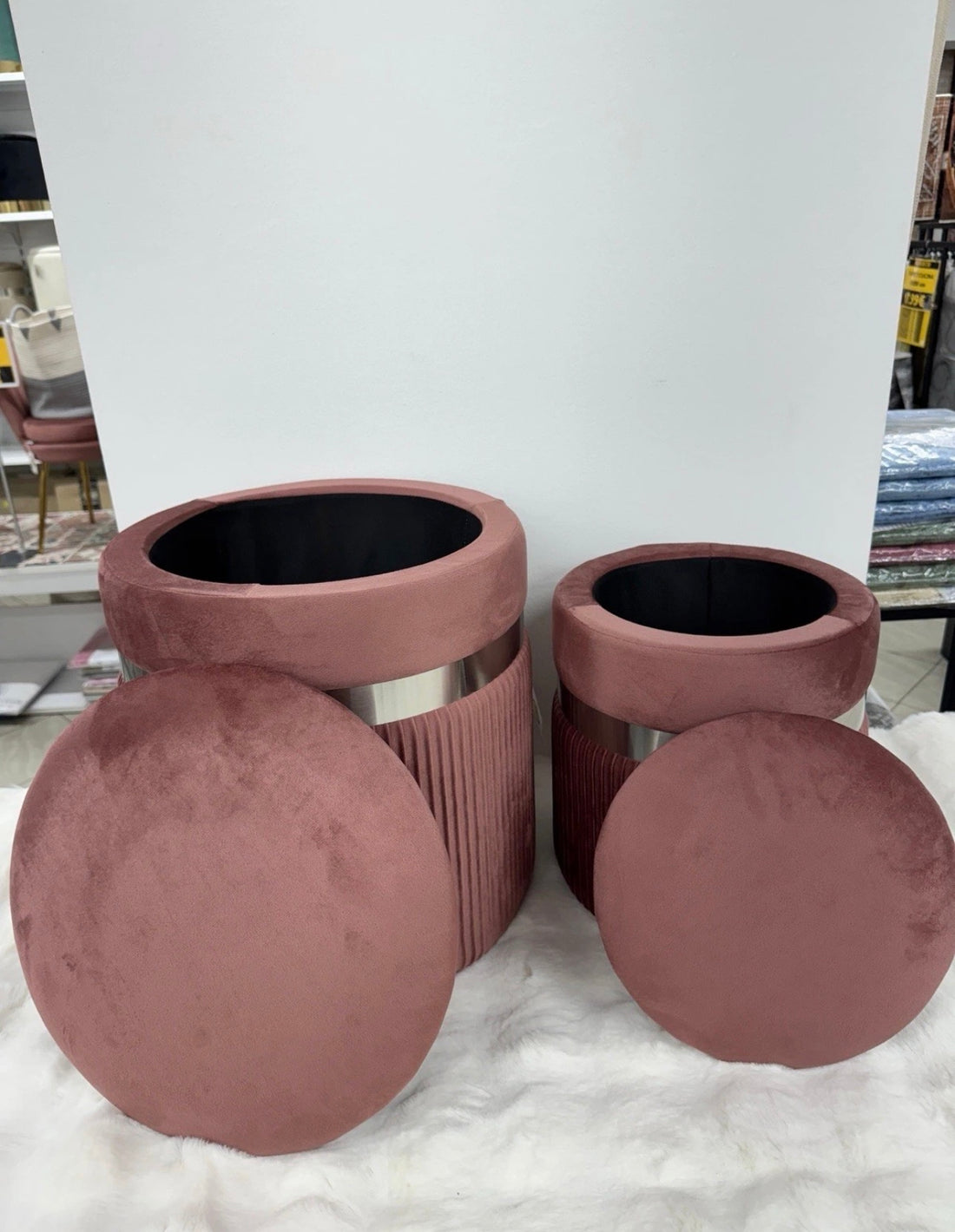 Set due Pouf grande e piccolo in velluto petrolio linea argento