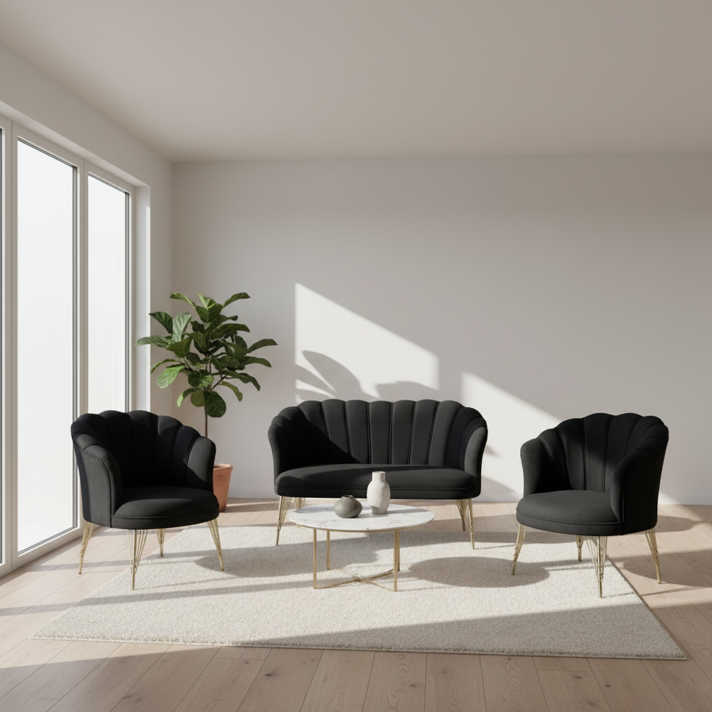 Set petalo in velluto 2 poltrone + divano nero elegante