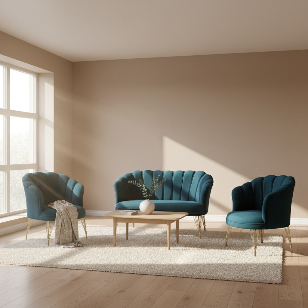 Set petalo in velluto 2 poltrone + divano petrolio elegante