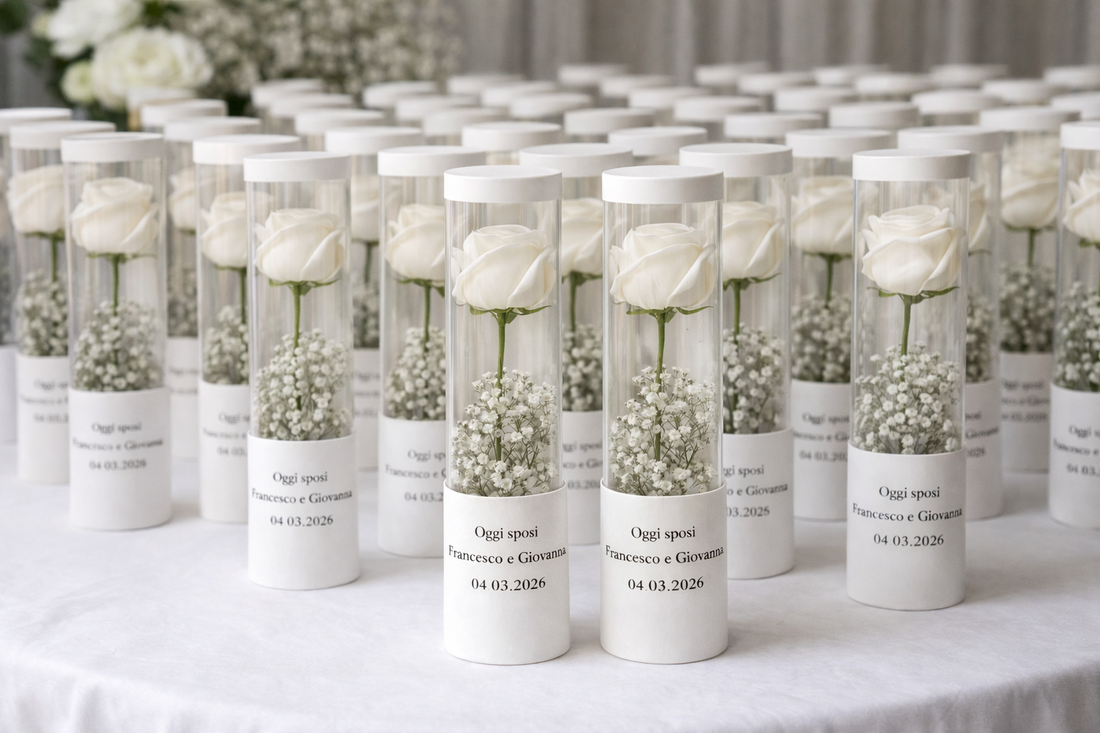 Bomboniera rosa eterna in tubo personalizzato