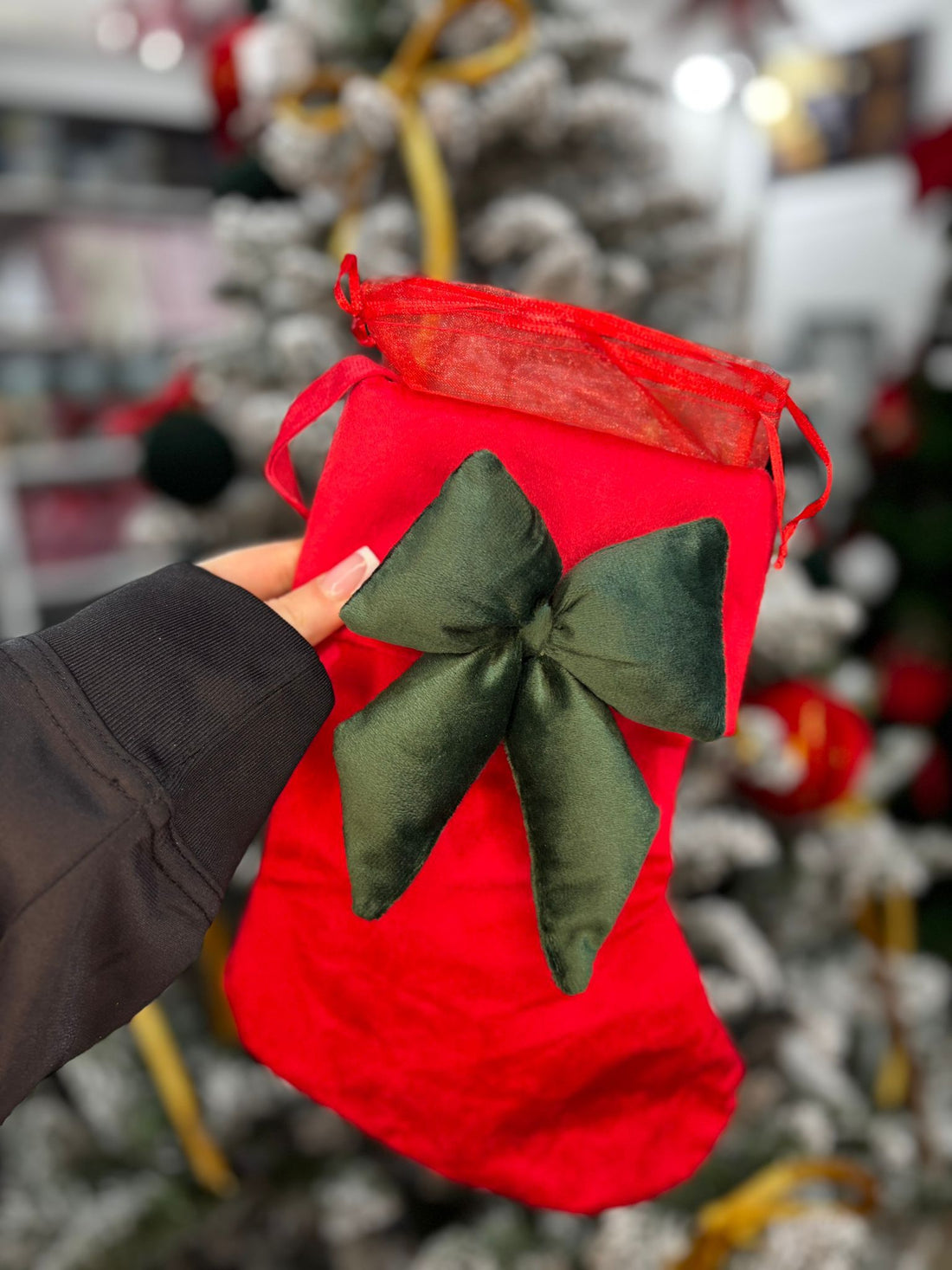 Calza velluto rossa con fiocco verde 300mm