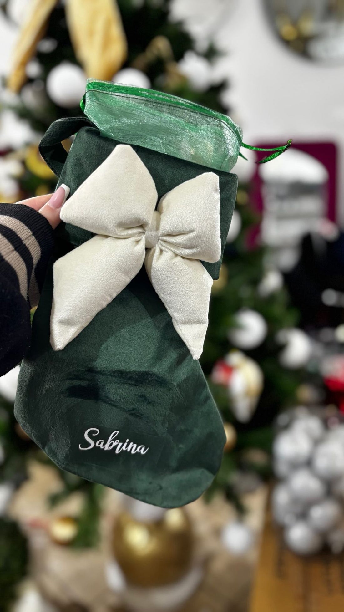 Calza velluto verde con fiocco avorio 300mm