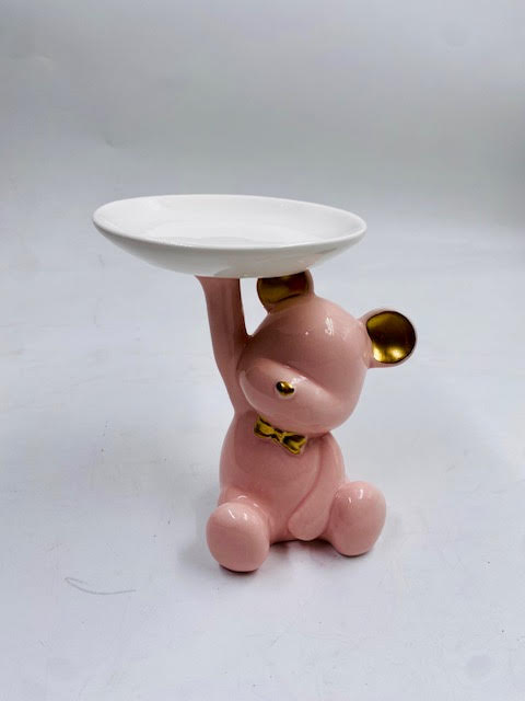 Orsetto rosa in porcellana con piatto altezza 15cm